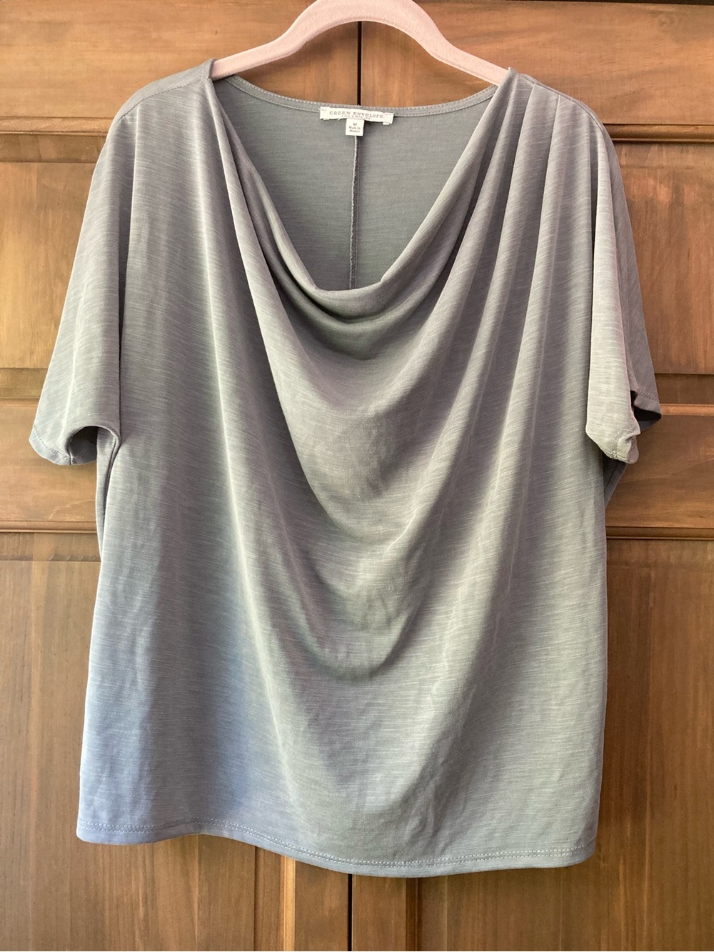 Green Envelope Gray Drape-Neck SS Top Medium